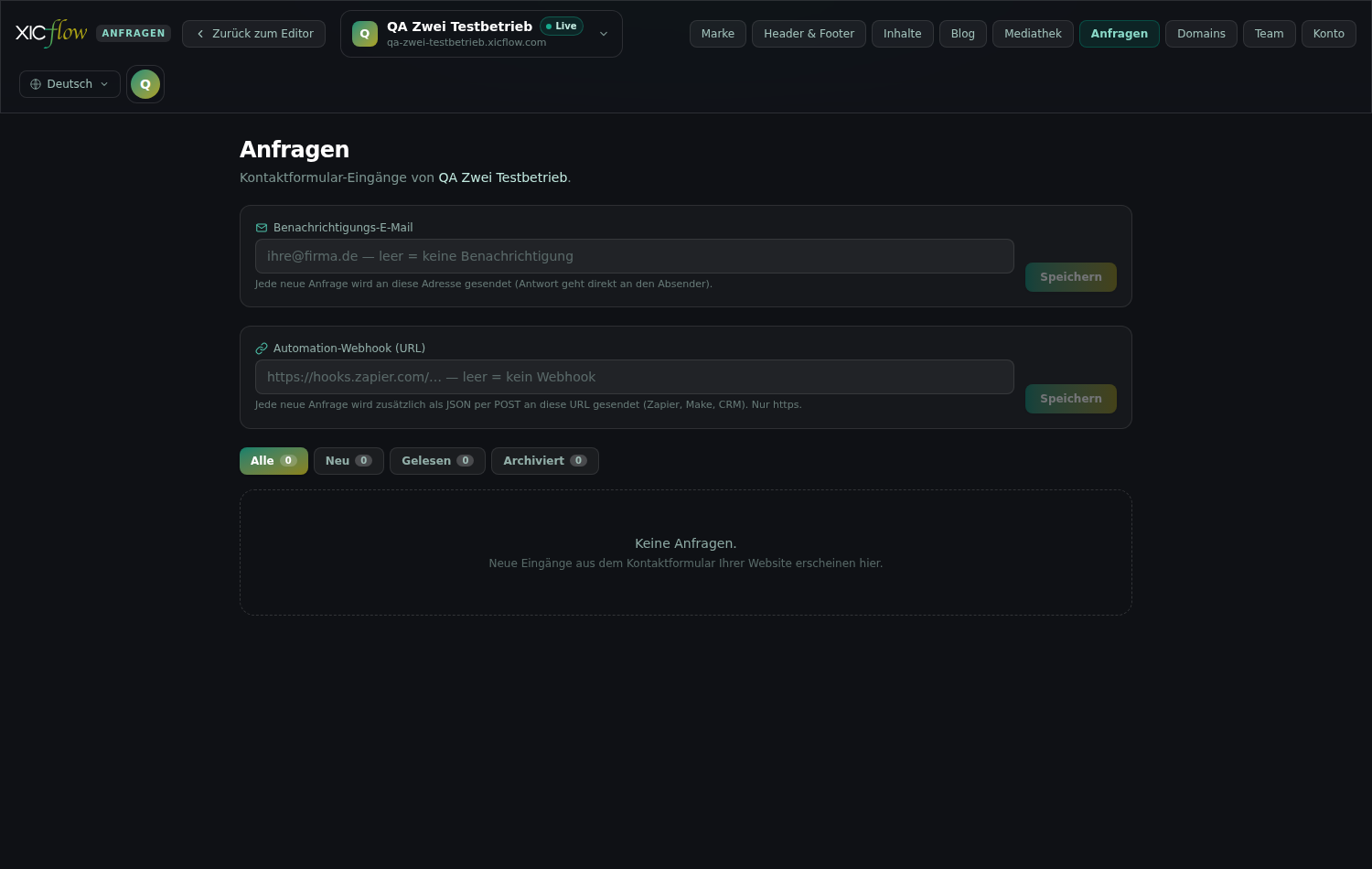 The requests inbox showing name, status, date and message for each entry.