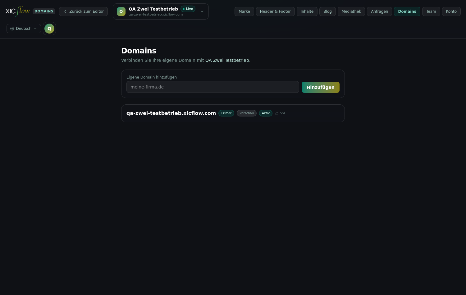 The “Domains” area with the field for adding your own domain and the list of registered domains.