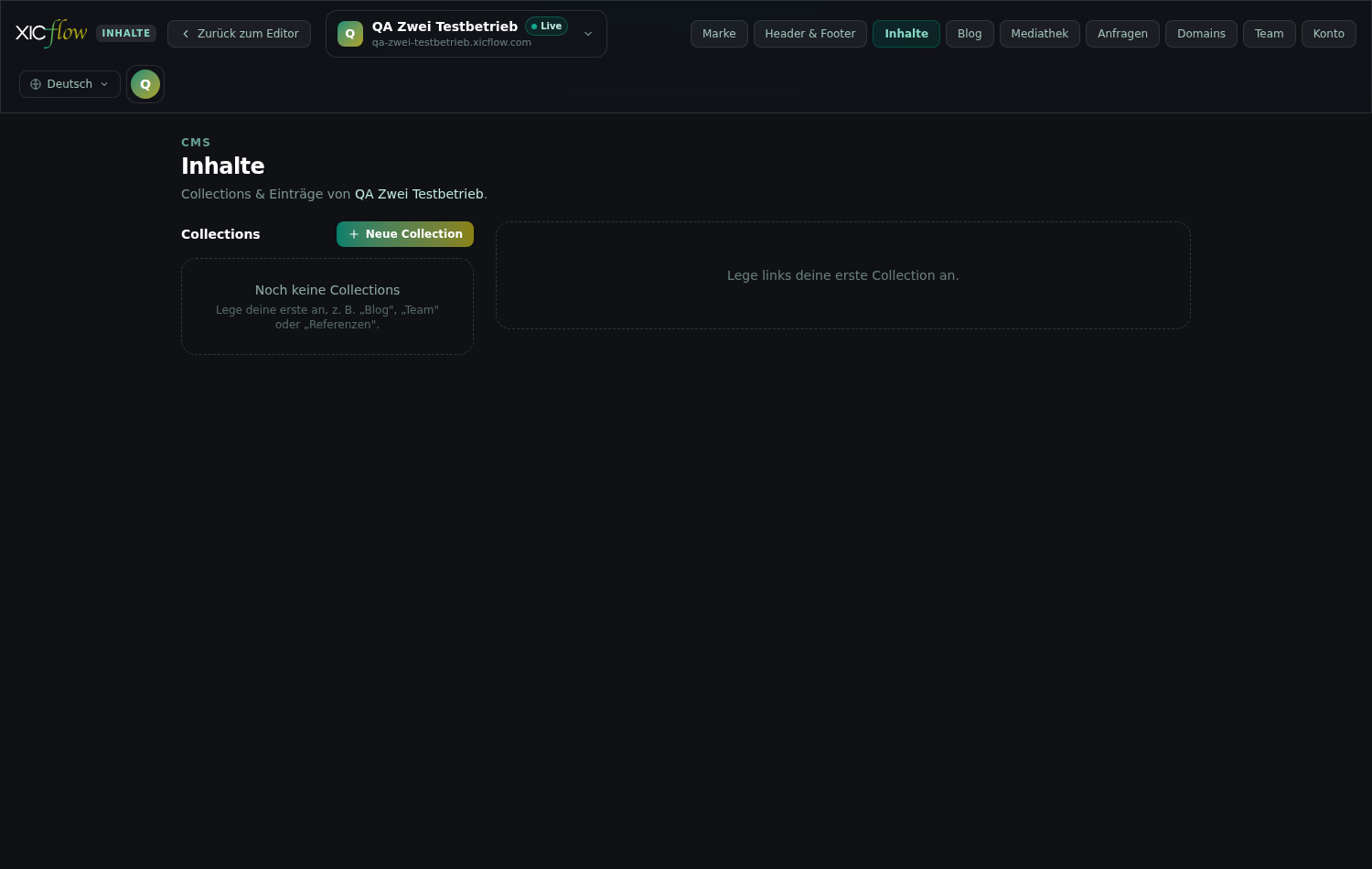 Content management: the website’s collections on the left, the entries of the selected collection on the right.