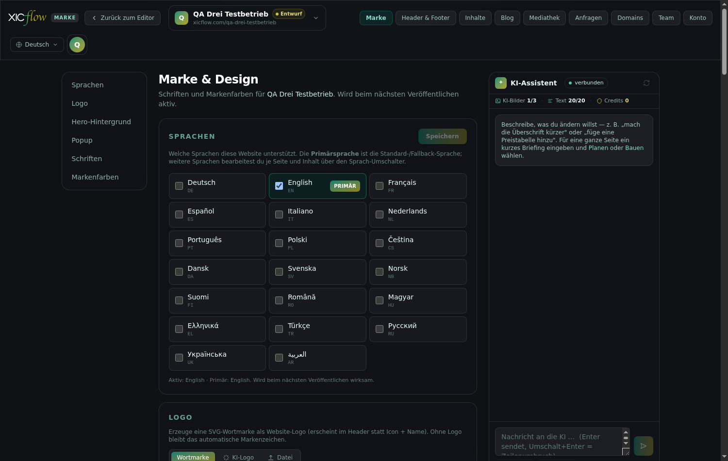 The “Brand & design” area with its sections for languages, logo, favicon, fonts and brand colours.