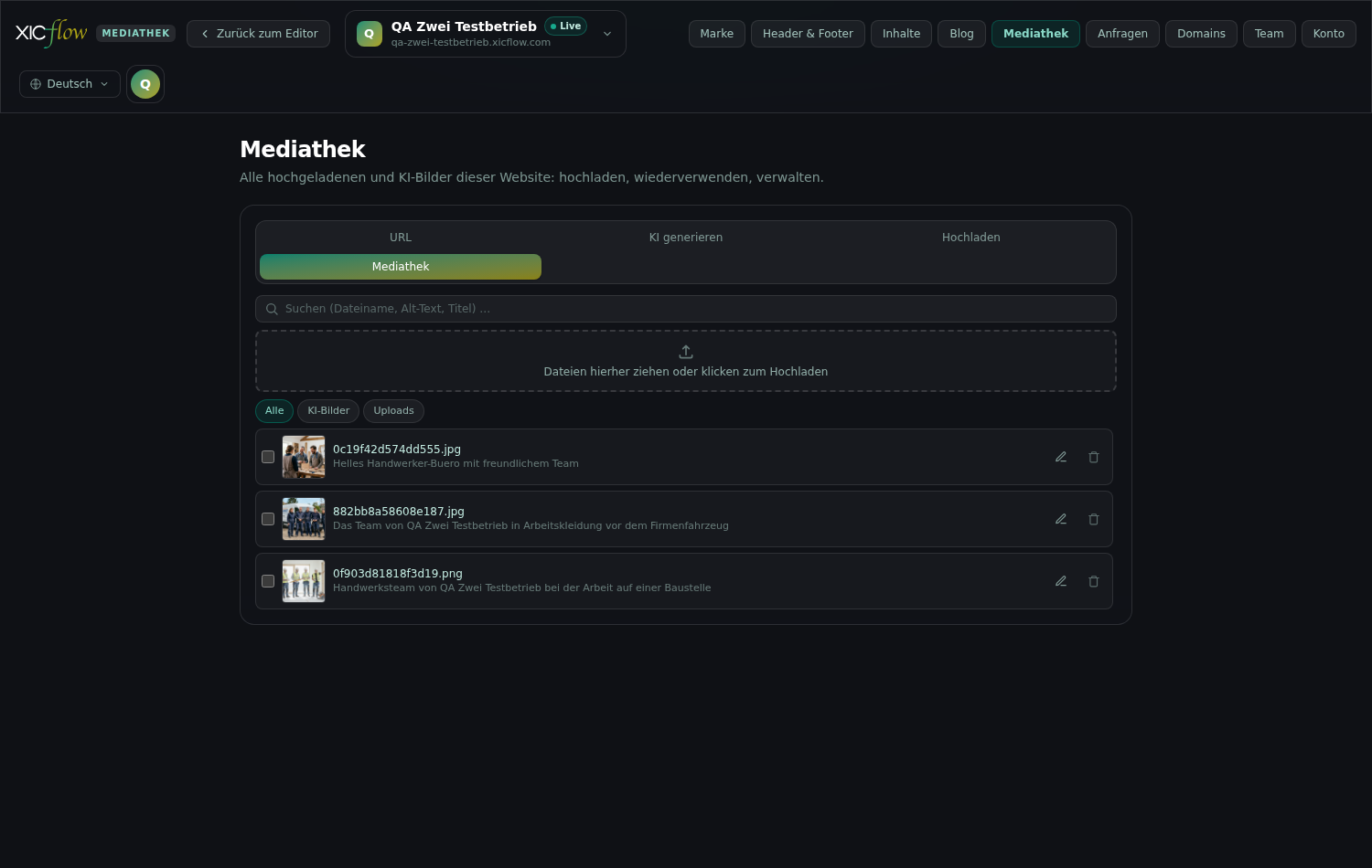 The media library with uploaded files and the fields for alternative text and title.