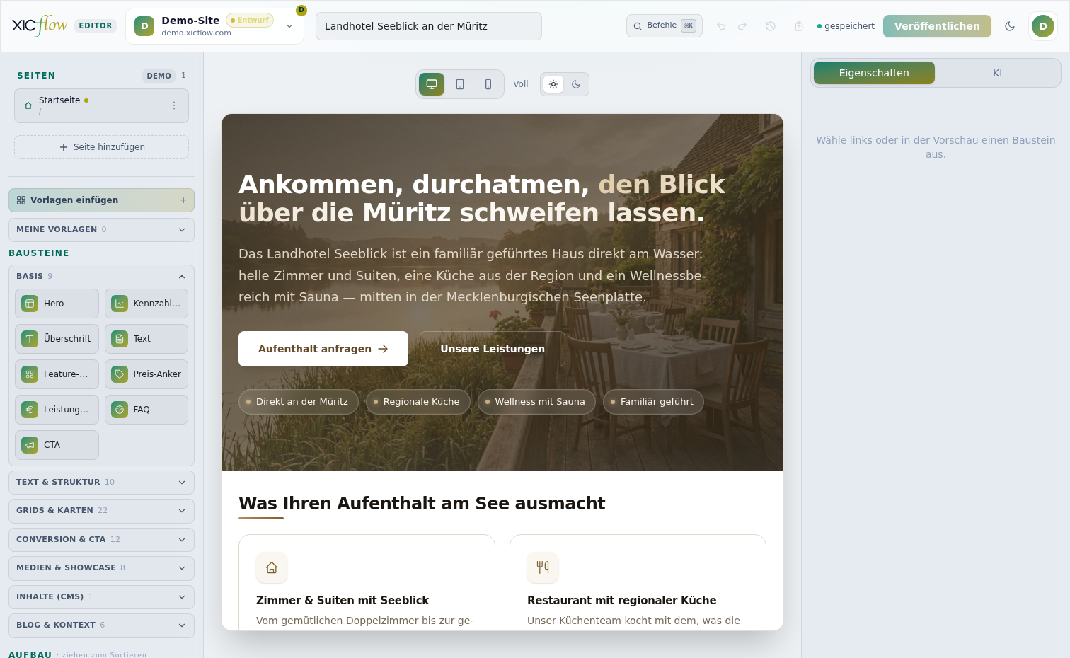 Der XICflow-Editor mit Live-Vorschau, Baustein-Bibliothek und KI-Assistent