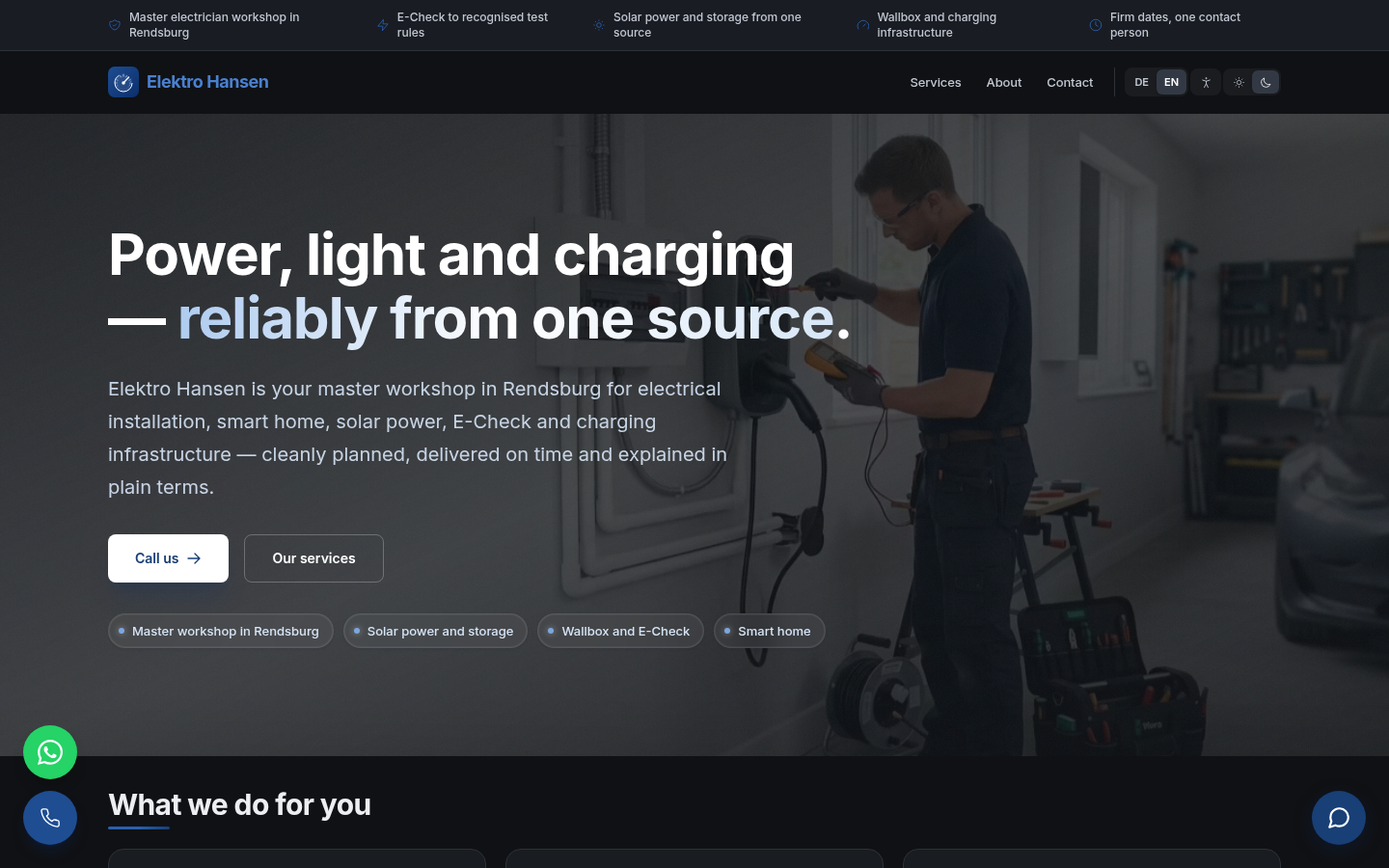 Screenshot der mit XICflow gebauten Demo-Website Elektro Hansen