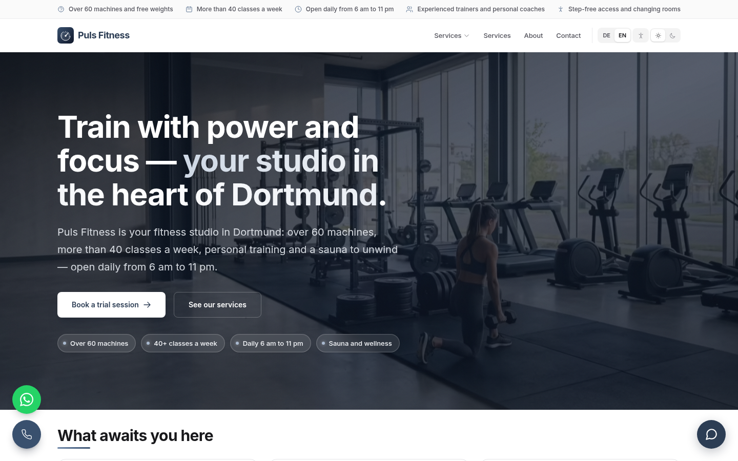 Screenshot der mit XICflow gebauten Demo-Website Puls Fitness