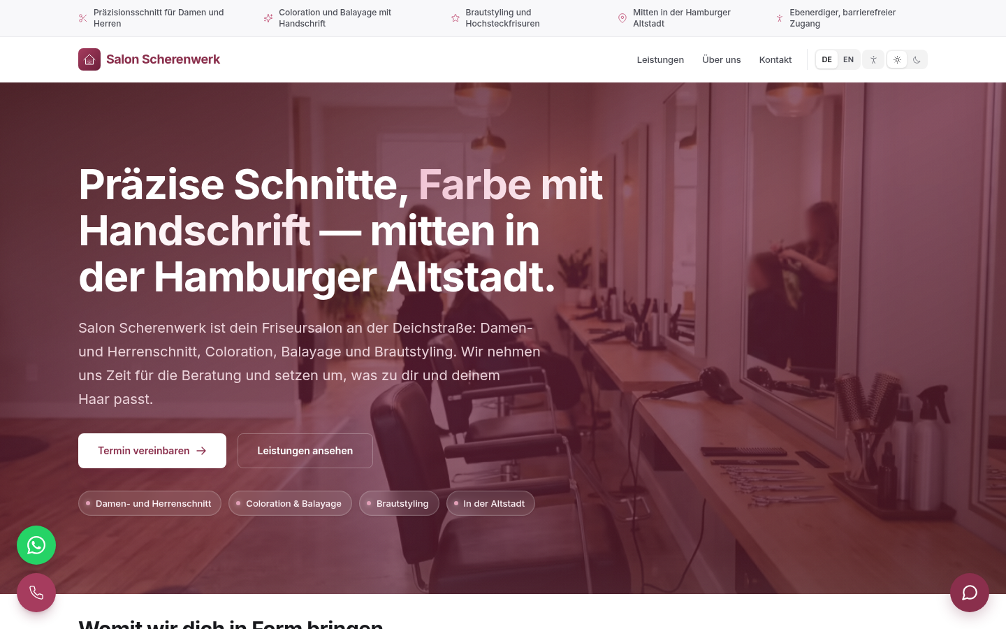 Screenshot der mit XICflow gebauten Demo-Website Salon Scherenwerk