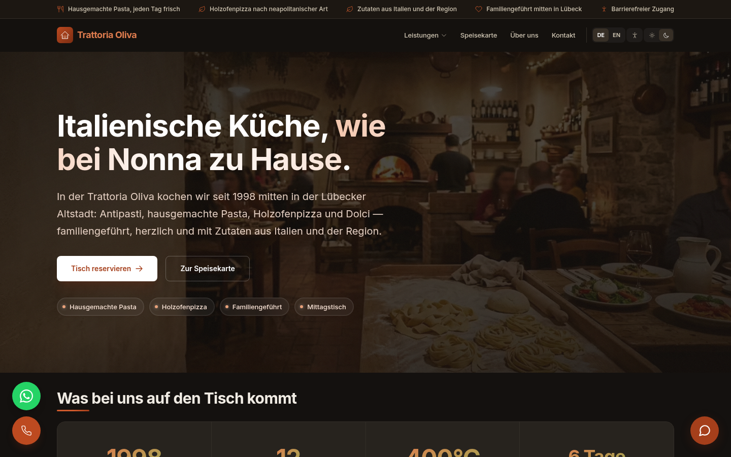 Screenshot der mit XICflow gebauten Demo-Website Trattoria Oliva