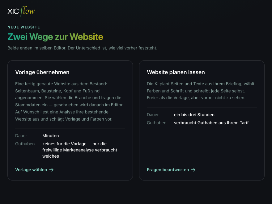 Start of the XICflow onboarding with the two paths “Use a template” and “Let the AI plan your website”