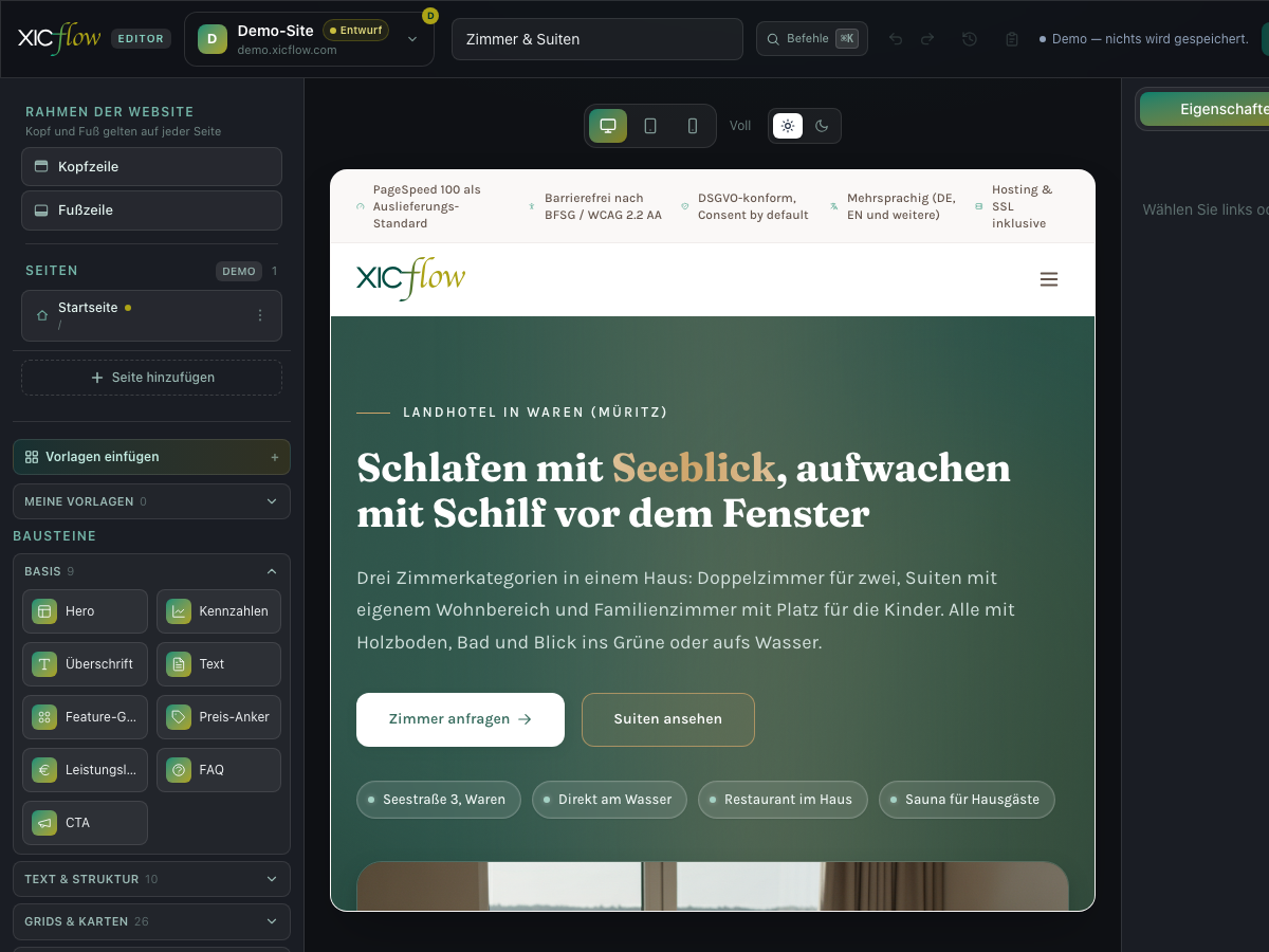 XICflow editor with page tree, block list and live preview of a hotel website