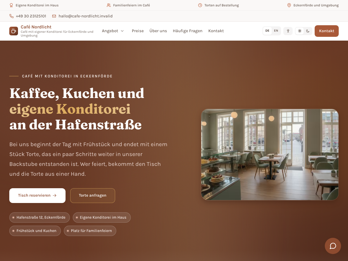 Home page of the Café Nordlicht demo website with hero, menu and contact bar